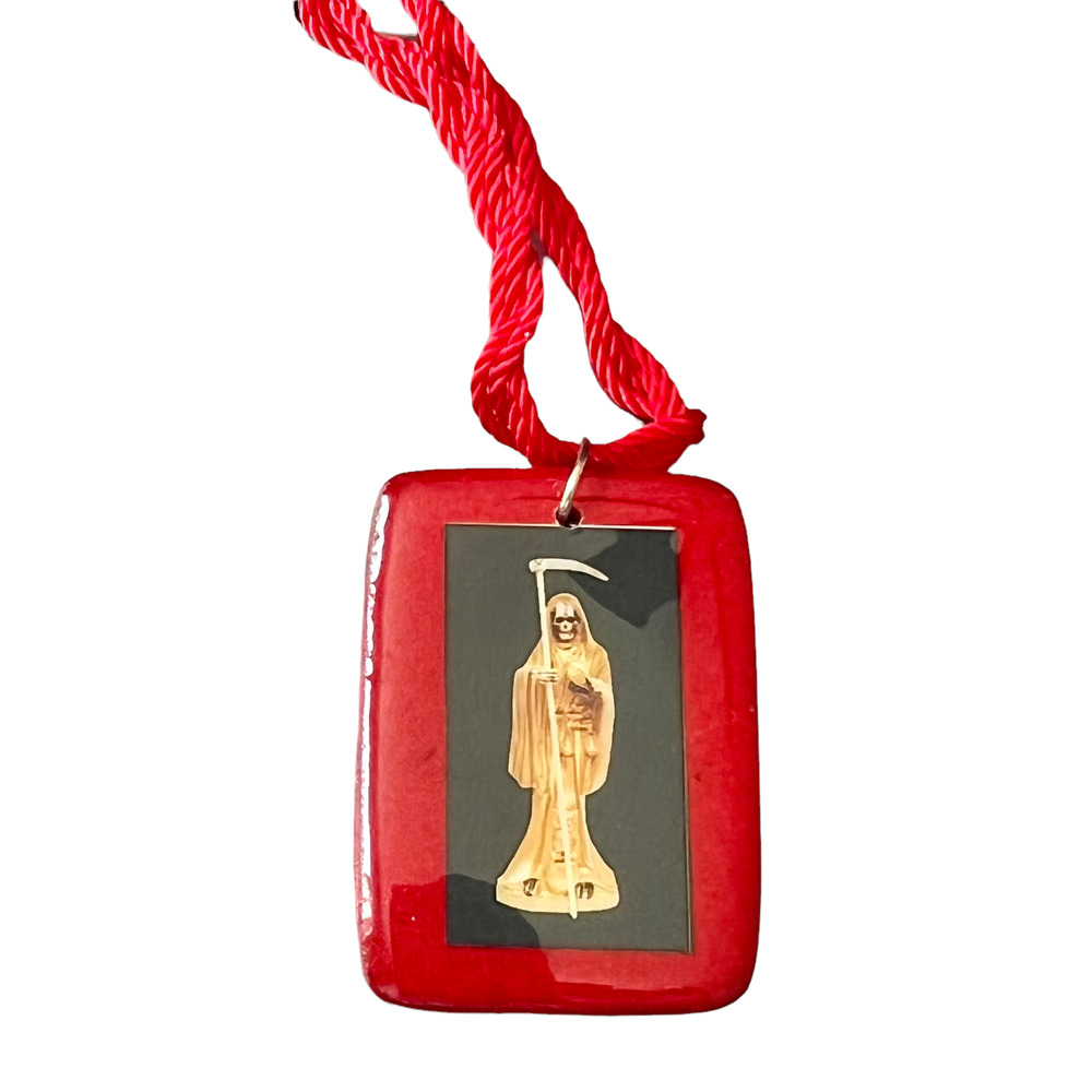 Santa Muerte Scapular Necklace Handmade Knotted Rope Red Wood Pendant Santisima